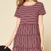 Stretchy Stripe Mini Dress: Ribbed Knit Round Neck